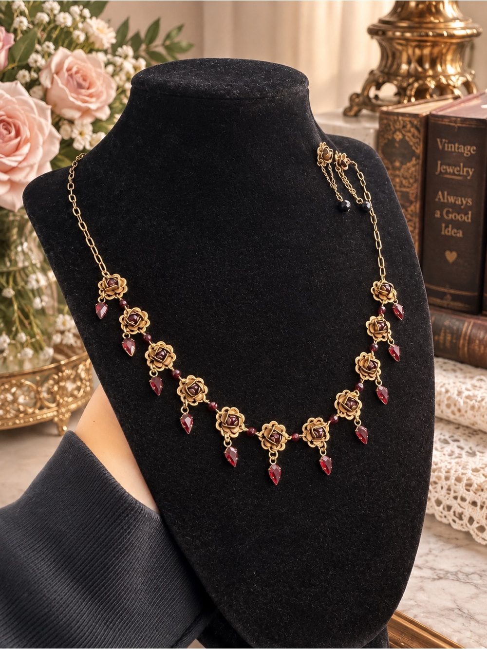 Liz Palacios S.F. Garnet Rose Necklace + Coordinating Earrings | Gothic Romantic
